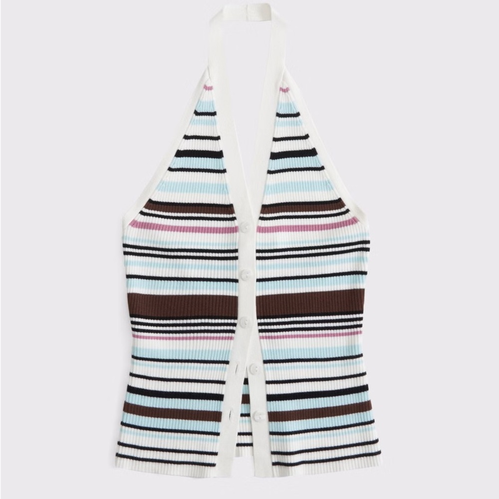 Abercrombie & Fitch White Ribbed Halter Tank with Blue, Brown & Pink Stripes